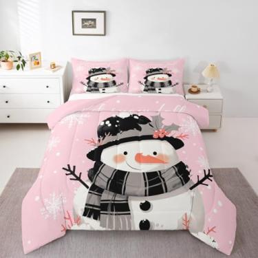 Imagem de Feelyou Jogo de cama solteiro com boneco de neve rosa, para crianças, meninos, meninas, decoração de Natal, edredom de inverno, microfibra, 2 peças com 1 fronha