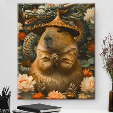 Imagem de Arte de parede botânica de capivara vintage emoldurada - Decoração de parede com flores escuras Academia para sala de estar quarto casa 20 x 25 cm