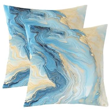 Imagem de Capa de almofada infantil com estampa de mármore, capa de almofada dupla face metálica arte fluida de tinta, decoração de casa moderna retrô iridescente, capa de almofada de sofá de cama dourada azul