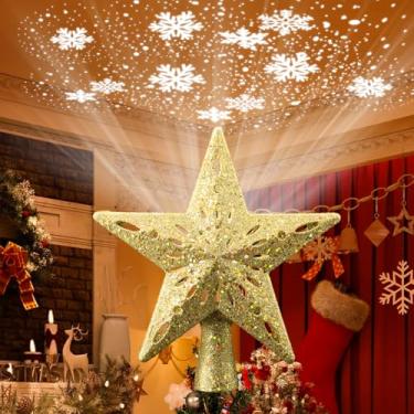 Imagem de Topo de árvore de estrela de Natal dourado com 6 padrões de projeção rotativa, topo de estrela de controle remoto de LED para decorações de árvore de Natal