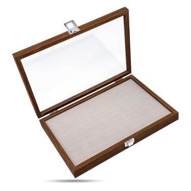 Imagem de TheDisplayGuys For Your Modern Living Caixa de joias de madeira para viagem com tampa de vidro temperado - Armazenamento de anéis - Organizador de veludo com 100 compartimentos (carvalho escuro) da