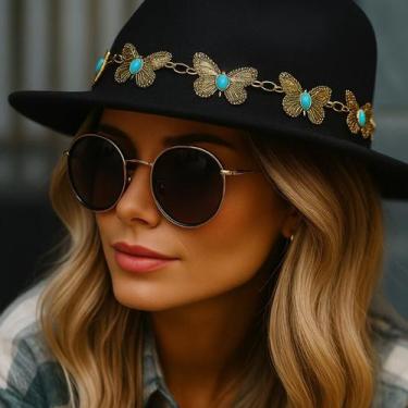 Imagem de Chapéu Fedora Feminino Preto com Borboletas Douradas e Pedras Azuis  L