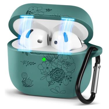 Imagem de Boaretiu Capa para Airpods 4 – Capa de silicone 3D gravada elegante, fofa, simples, Kawaii, exclusiva com mosquetão para mulheres, meninas, feminino, design verde escuro para Airpod 4, capa com flor e