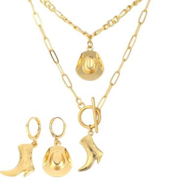 Imagem de 3 Brincos e Colar de Cowgirl, Conjunto Joias Cowgirl Ocidental com Colar e Brincos com Pendente de Bota Chapéu para Mulher