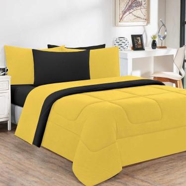 Imagem de Kit Edredom + Jogo De Lençol Malha 100% Algodão Gran Moratta 4 Peças Solteiro - Amarelo-preto
