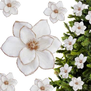 Imagem de ZHANGBY 24 peças de enfeites de flores de poinsétia de veludo de Natal, magnólia artificial com glitter para decoração de árvore de Natal (branco, 16,3 polegadas)