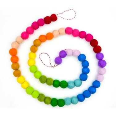 Imagem de Guirlanda colorida com faixa de bola de feltro de lã, guirlanda de pompom arco-íris feita à mão para manto, parede, mesa de centro de mesa | Decorações de primavera para aniversário, Natal, casa