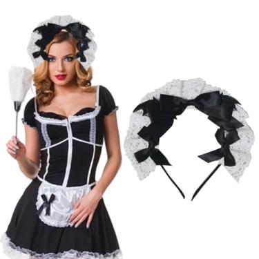 Imagem de ZHUIGUANGZE Lolita Faixa de cabeça com laço preto de renda branca para empregada doméstica design de morcego gótico laço laço acessório de cabelo princesa vintage para Halloween, mulheres, chá