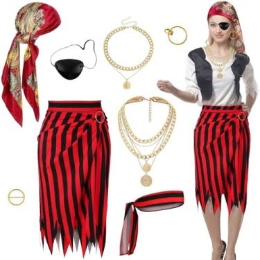 Imagem de Acessórios femininos de fantasia de pirata com tapa-olho de pirata, lenço de cabeça bandana, cinto de faixa, colar para fantasias de Halloween para mulheres adultas