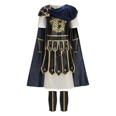 Imagem de AGCOAH Fantasia infantil de guerreiro, armadura romana, soldado espartano, 3 peças, cosplay de Halloween (estampa azul e preta-L-8-9Y)
