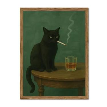 Imagem de Arte de parede de gato preto mal-humorado, gato fumando engraçado com uísque, pintura de decoração de parede, humor escuro, animal, bar, carrinho, impressões, em tela, para sala de estar, quarto, 30,5
