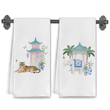 Imagem de Elefeltclave Chinoiserie Toalhas de cozinha elefante tigre, toalhas de chá tradicionais orientais para decoração de cozinha, toalha de mão decorativa Grandmillennial rosa e azul para banheiro, 40,6 x