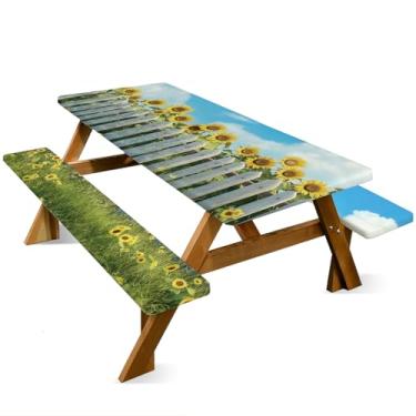 Imagem de ANNA QUEEN Conjunto de capa de mesa de piquenique com girassol de 1,82 m x 76 cm, à prova d'água, banco e toalha de mesa, proteção de móveis para acampamento, praia, churrasco, pátio, quintal (cerca