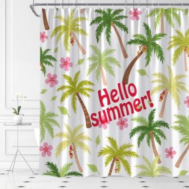 Imagem de Cortina de chuveiro de palmeira tropical Hello Summer Hawaii coqueiro boho floral moderna estética tecido planta conjunto de cortina de banheiro com ganchos