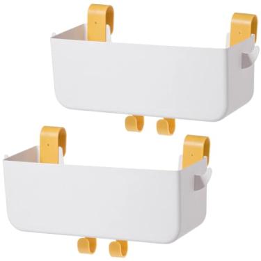 Imagem de Conjunto organizador de cama suspensa, cestas de armazenamento duplas brancas com ganchos amarelos, compartimentos laterais de alta capacidade para dormitório ou molduras de cama
