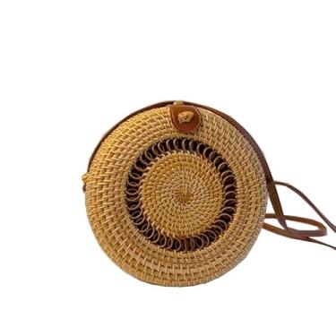 Imagem de Laeuokie Bolsa feminina de palha redonda: Rattan tecido à mão, cesta transversal de vime. Tecido para praia, férias, uso diário., Bolsa redonda pequena vazada, 7.1" (L) * 3.1" (W) * 7.1" (H), Bolsa de
