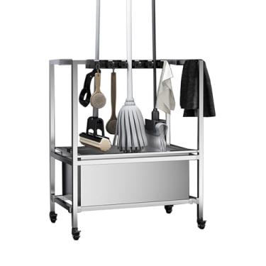 Imagem de TRGCJGH Pia/lavatório de esfregão de aço inoxidável, carrinho de limpeza e organizador de ferramentas, carrinho de ferramentas de limpeza de chão (93 cm/36,6 pol, 20 compartimentos e 24 ganchos)
