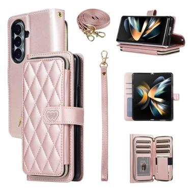 Imagem de YYTVN Capa carteira para Samsung Galaxy Z Fold 7 com zíper e alça de ombro e alça de pulso, bolsa transversal elegante capa protetora para Galaxy Z Fold 7 - ouro rosa