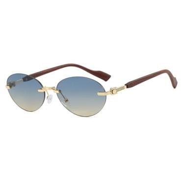 Imagem de Óculos de Sol UV400 - Oval sem Armação com Hastes de Madeira e Lentes Degradê para Homens e Mulheres, Ideais para Esportes ao Ar Livre, Corrida e Ciclismo, nas cores azul e marrom.