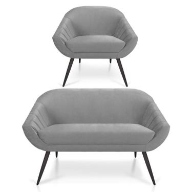 Imagem de Kit 01 Namoradeira 02 Lugares E 01 Poltrona Giovana Veludo Cinza Pés Palito De Ferro