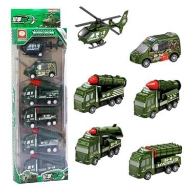 Imagem de Conjunto Infantil 6 Carrinhos e Veículos – Miniaturas 9cm, Helicóptero, Militar, Bombeiros e Lixo – Brinquedo Educativo para Crianças 3+ (Verde Escuro)