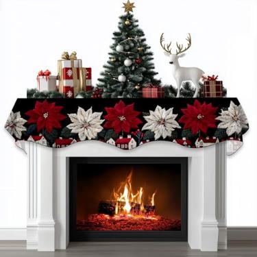 Imagem de BVBOX Cachecol de cornija de lareira de Natal, capa decorativa, cachecóis para decoração de prateleira de lareira de Natal e inverno (178 cm C x 43 cm L, flores vermelhas e brancas)