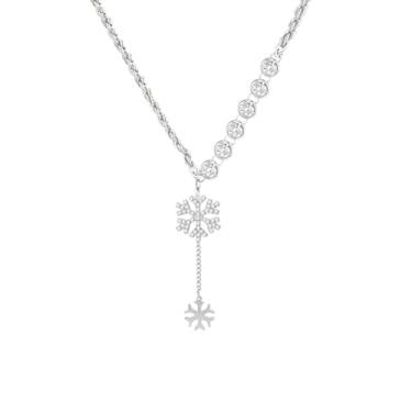 Imagem de NewZenro Lariat Colar de zircônia cúbica de floco de neve delicado banhado a prata cristal flor de inverno em forma de Y corrente de pingente colar ajustável joias modernas para festa festiva de Natal