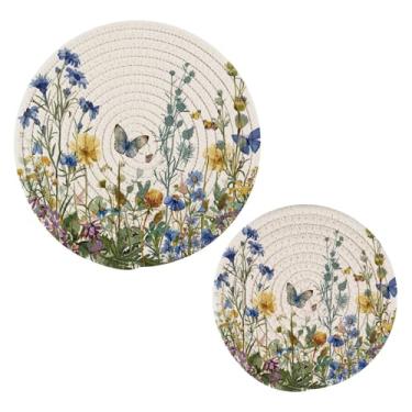 Imagem de Blueangle 2 peças de suporte de panela de tripé de flores silvestres com borboletas - conjunto de pegadores de panela de tecido redondo - almofadas quentes trançadas de algodão - porta-copos - tapetes