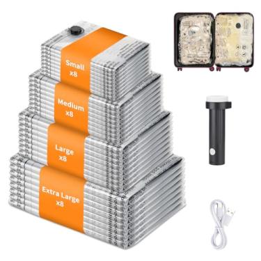 Imagem de Pacote com 32 sacos de armazenamento a vácuo com bomba elétrica (8 pequenos, 8 médios, 8 grandes, 8 extra grandes) para malas de roupas e mochilas, economizando espaço para roupas e viagens de roupas