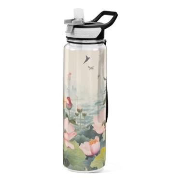 Imagem de ATTX Garrafa de água floral de beija-flores chinesas, 946 ml, à prova de vazamento e livre de BPA, garrafas de água reutilizáveis de plástico Tritan para viagens, academia, fitness, corrida #586