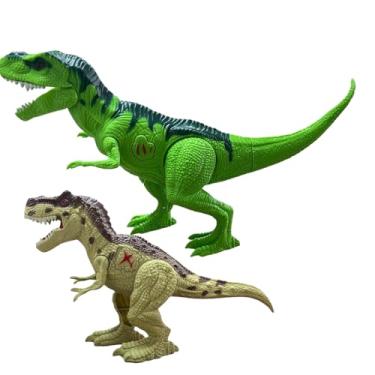 Imagem de Conjunto 2 Dinossauros de Brinquedo com Rugido Selvagem, Luzes Coloridas, Plástico, Verde e Marrom, com Fósseis para Montar, 30cm e 15cm, 3+ Anos