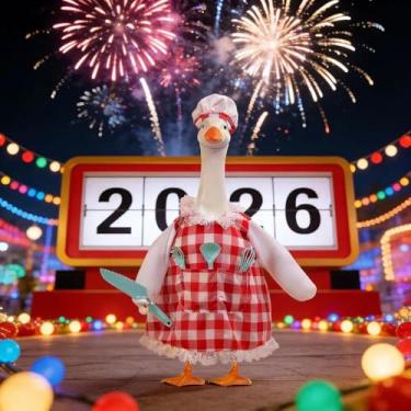 Imagem de yuboo Roupa de ganso para varanda de chef, vestido xadrez vermelho e branco, chapéu de chef e talheres 5 conjuntos de roupas de ganso de varanda para estátua de cimento de 43 a 58 cm, fantasia