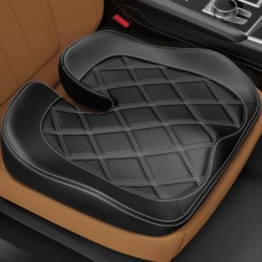 Imagem de ZIKEE Almofada de assento de carro de couro para dirigir, alivia dores no cóccix e na coxa, almofada ergonômica de espuma viscoelástica dupla para carro, costas levantadas para visão mais ampla, capa
