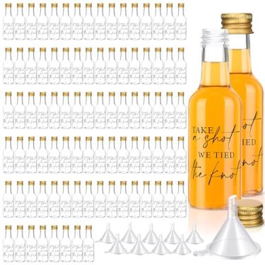 Imagem de Bokon 100 peças de mini garrafas de licor de casamento Take a Shot We Tied The Knot Shot para convidados 50 ml garrafa vazia reutilizável de plástico com funil de tampa, mini copos de acrílico para