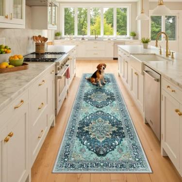 Imagem de RELEANY Tapetes de área adequados para aspirador de pó de 6 cm x 20 cm lavável na máquina, antiderrapante, estampa floral vintage para sala de estar, quarto, tijolo, verde, lago, azul, turquesa