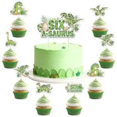 Imagem de Dinosaur 6th Birthday Decorations for Boys 25pcs Green Six A Saurus Cake Toppers Set Jungle Sixth Birthday Cake Decors Safari Long Neck Dinosaur Six Years Old Bday Party Supplies