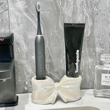 Imagem de Suporte elétrico para escova de dentes e pasta de dentes, suporte de escova de dente elétrico de cerâmica para banheiro bancada, decoração de escritório em casa (branco)