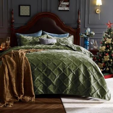 Imagem de Qucover Conjunto de cama de veludo king size, conjunto de colcha e fronha de veludo, colcha acolchoada de luxo, edredom de inverno ultramacio para todas as estações, roupa de cama verde oliva