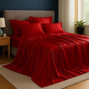 Imagem de Jogo de Cama Cetim Charmousse Casal Queen King Brilhante 4 Peças Toque Macio Sedosso(Vermelho,Queen)