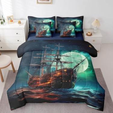 Imagem de Erosebridal Jogo de cama king com navio pirata, veleiro marinho, barco à vela, ondas do oceano, crianças e adolescentes (edredom + lençol de cima + 2 fronhas + 2 fronhas), conjunto de cama com 7 peças