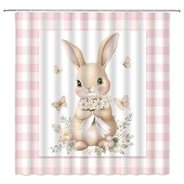 Imagem de AMFD Cortina de chuveiro Coelhinho da Páscoa Primavera Bonito Coelho Floral Borboleta Rosa Búfalo Xadrez Conjunto de Tecido Decoração Conjunto de Tecido Inclui Ganchos (177.8 cm WX70 H)