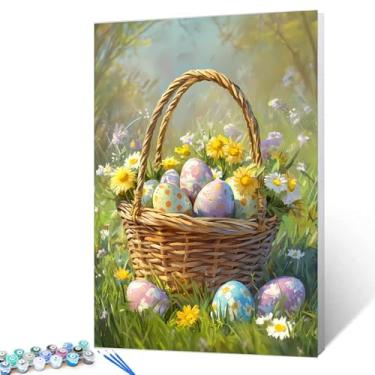Imagem de Kit de pintura de cesta de ovos de Páscoa por números para adultos, iniciantes, estudantes, meninos, meninas, flores selvagens, floresta, pintura a óleo, artesanato colorido para decoração de parede