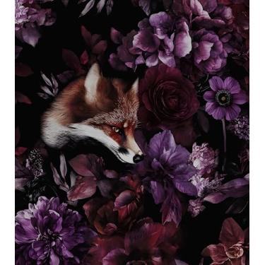 Imagem de Papel de parede Fox Animal Peel and Stick, papel de contato floral gótico roxo escuro/vermelho, vintage, gótico, bruxo, autoadesivo, removível, impermeável, para quarto, prateleira, armário, gaveta