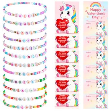 Imagem de Taybonds Conjunto de pulseiras da amizade para o Dia dos Namorados – 12 pulseiras com contas com cartões de unicórnio, presentes de troca de sala de aula, tema de amor de coração doce