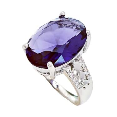 Imagem de CYPINA Elegante anel de ametista de corte oval prateado com detalhe de halo de zircônia cúbica, roxo