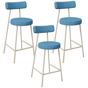 Imagem de Kit 03 Banquetas Baixa Cozinha Sala Jantar Bancada Milão Arena L02 Linho Azul - Lyam Decor