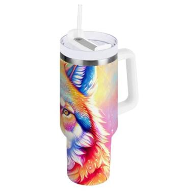 Imagem de ODAWA Copo grande isolado de parede dupla, copos de aço inoxidável lobo colorido com tampa e canudo