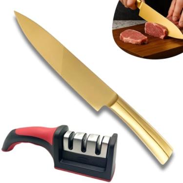Imagem de Conjunto Faca Dourada 8″ e Amolador Profissional – Kit para Cozinha, Churrasco, Aço Inox, 3 Estágios de Afiação, Corte Preciso e Durável