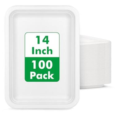 Imagem de Uniecocus Pacote com 100 bandejas de alimentos descartáveis de 35,5 cm, pratos de papel grandes resistentes para servir alimentos, pratos compostáveis para lagosta, frutos do mar, ferver churrasco