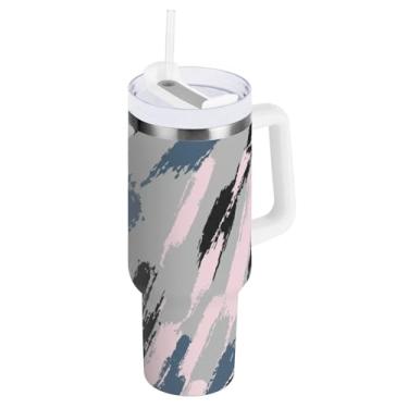 Imagem de ODAWA Copos isolados cinza com escova grande com alça e tampa de palha, copo isolado a vácuo com tampa 2 em 1